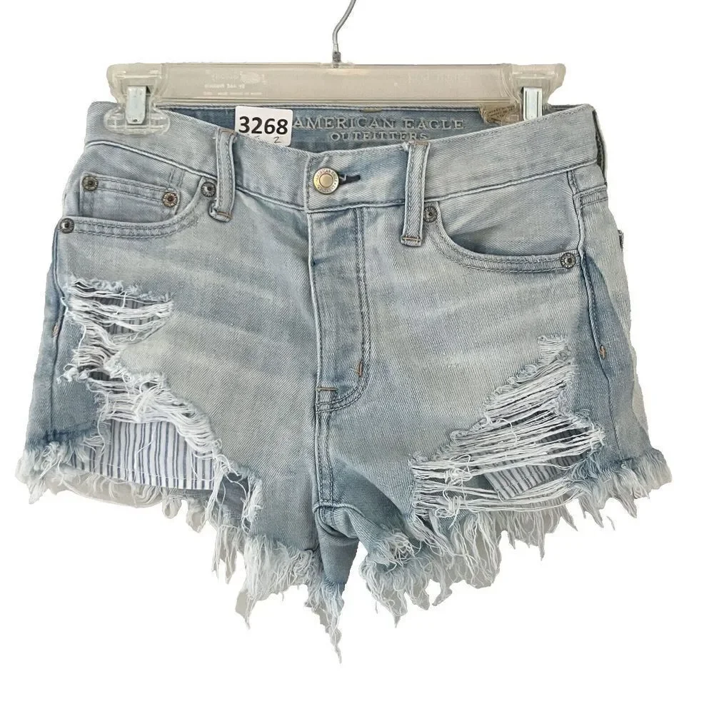 American Eagle Outfitters Womens Blue Hi Rise Raw Hem Denim Shorts Size 00